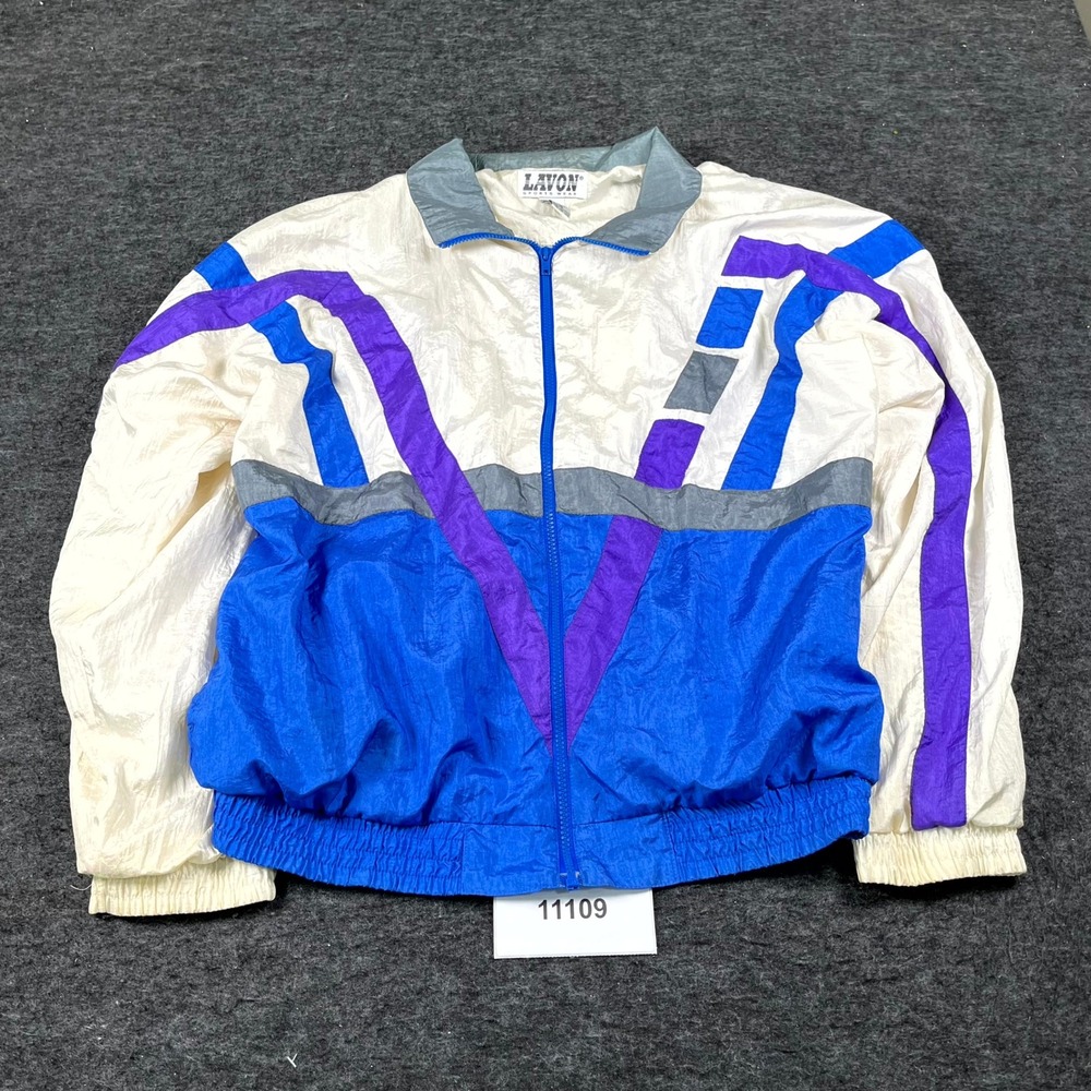 Vintage 90s Lavon Windbreaker Jacket Mens L Blue Beige Full Zip Retro Activewear